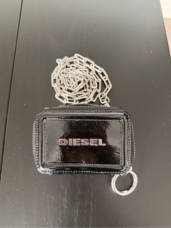 Diesel Handbags - Diesel Black Patent Leather Mini Crossbody Wallet with Silver Chain